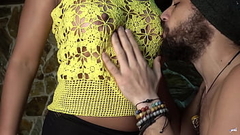 Her tits look incredible through this yellow woven blouse. Playing with her boobs n'_ cum on tits Thumb