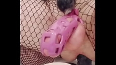 Intense Sissygasm in Chastity while Plugged and Cum Recycling Thumb