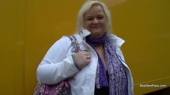 Blonde BBW undresses and toys her smooth pussy Thumb