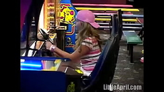 Public teen Little April masturbates in arcade toilets Thumb
