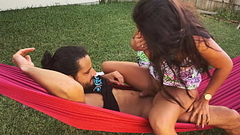 Beautiful Latina wife Jolla gets pussy eaten while lounging on a hammock Thumb