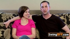 Kinky swinger couple is having softcore sex in front of the cameras. Thumb